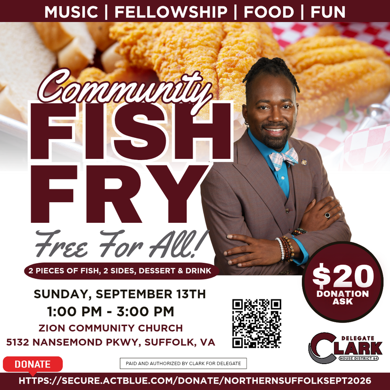 Nadarius Clark Fish Fry Zion Community Church Sept 13.  Details are in article