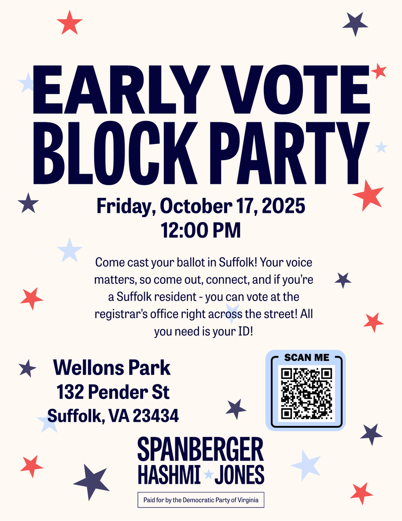 Flyer for Early Voting Block Party.  Text shown is in the post.  The flyer also contains  a QR code for https://mobilize.us/spanbergerforgovernor/event/859715