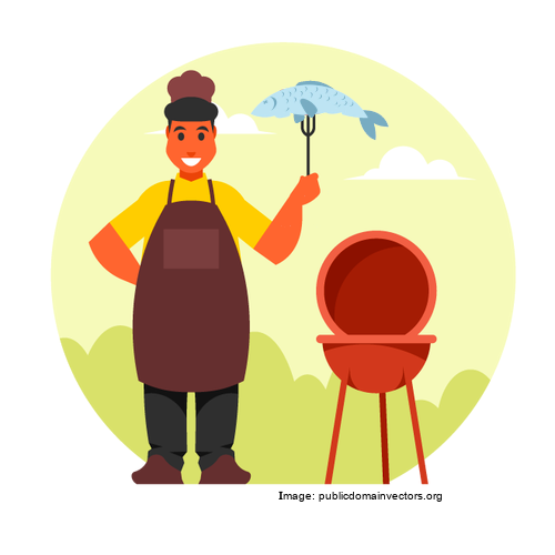 Clip art - man holding a fish on a fork, next to a BBQ grill