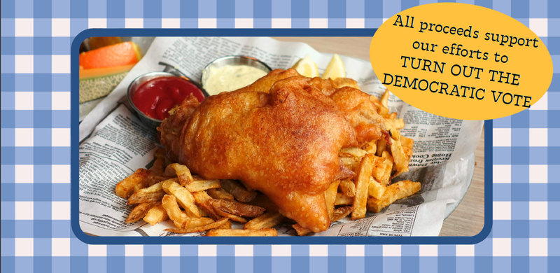 Mostly for decoration.  It's a piece of fried fish with fries on a piece of newspaper.  "A bubble has the words All proceeds support our effort to turn out the Democratic vote"