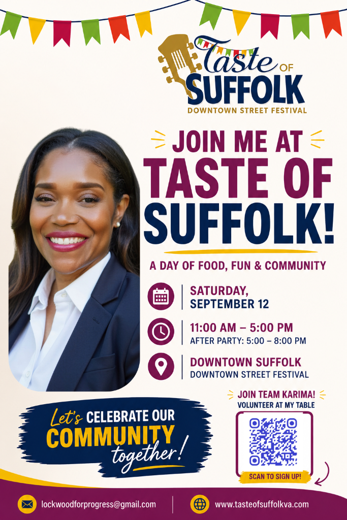 Poster Karima Lockwood's appearance at Taste of Suffolk.  Text is in the post.