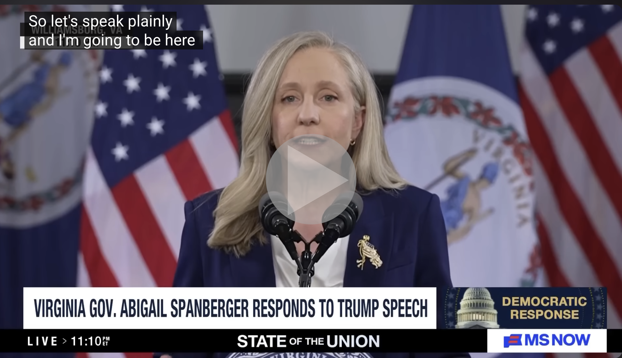 Spanberger Speaking.  Image includes MS Now logo and play button