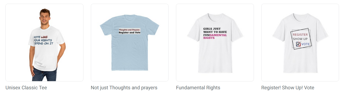 Screenshot of merchandise website showing four shirts